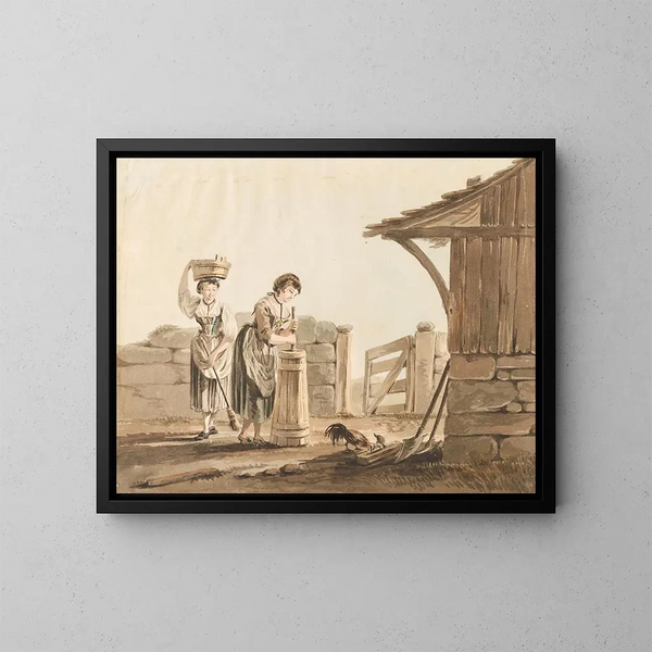 Fermières en train de baratter - Johann Karl Müllner — framed artwork on a wall