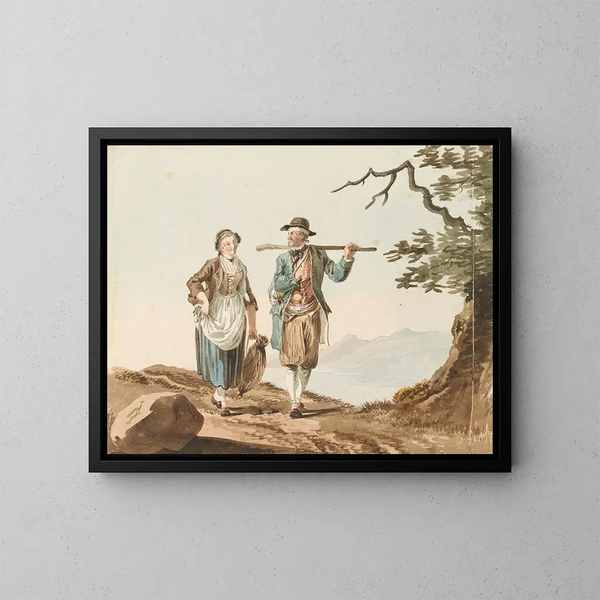 a Couple in costume by the lake of Murten - Johann Karl Müllner — framed artwork on a wall