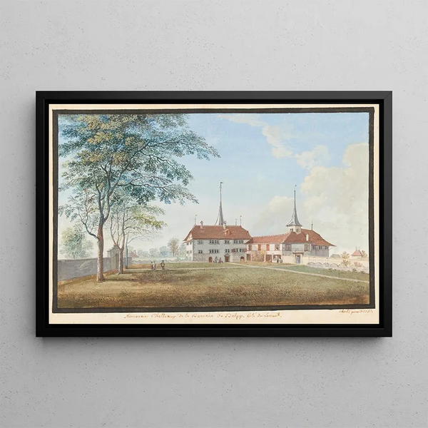 Nieuwe kasteel van de baronie van Belp, oostzijde - Johann Ludwig Aberli — ingelijst kunstwerk aan de muur