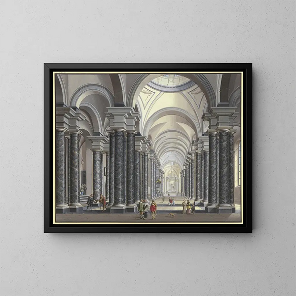 View of the interior of a baroque church with black marble columns and scene figures in 17th-century costume 1790 - Johann Ludwig Ernst Morgenstern — framed artwork on a wall
