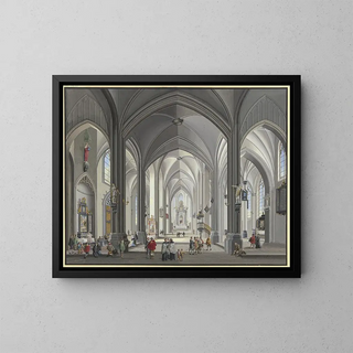 Johann Ludwig Ernst Morgenstern - Blick in das Innere einer gotischen Hallenkirche mit vielen Staffagefiguren in der Tracht des 17 Jahrhunderts links liest ein Priester die Messe 1790.webp
