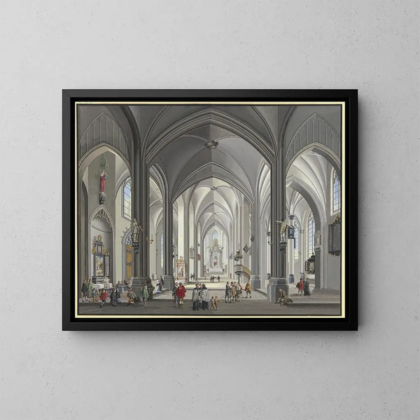 View of the interior of a Gothic hallenkirche church with numerous scene figures in 17th-century costumes, on the left a priest celebrating mass 1790 - Johann Ludwig Ernst Morgenstern — framed artwork on a wall