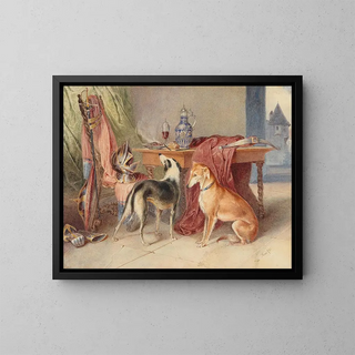 Johann Matthias Ranftl - An interior with greyhounds and a stilllife with pieces of armour.webp