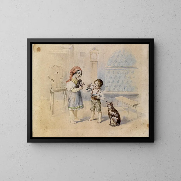 the Peasant's Room with a Faience Stove and Children - Johann Matthias Ranftl — framed artwork on a wall