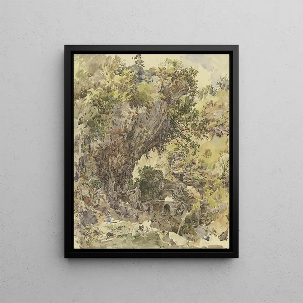 Mountain landscape painting with a bridge and numerous figures, on the left a magnificent rocky section - Johann Nepomuk Rauch — framed artwork on a wall