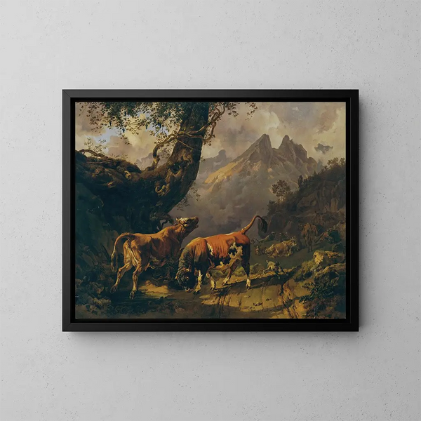 Bull chasing a cow in a landscape near Carrara - Johann Nepomuk Rauch — framed artwork on a wall