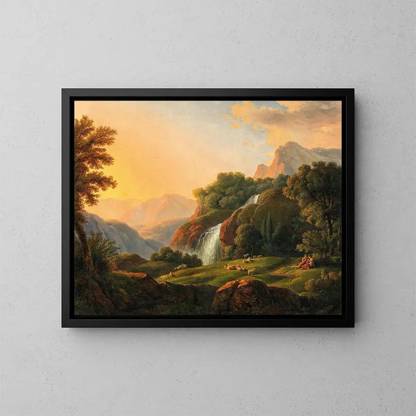 Landscape with Waterfall and Shepherds - Johann Nepomuk Schadlberger — framed artwork on a wall