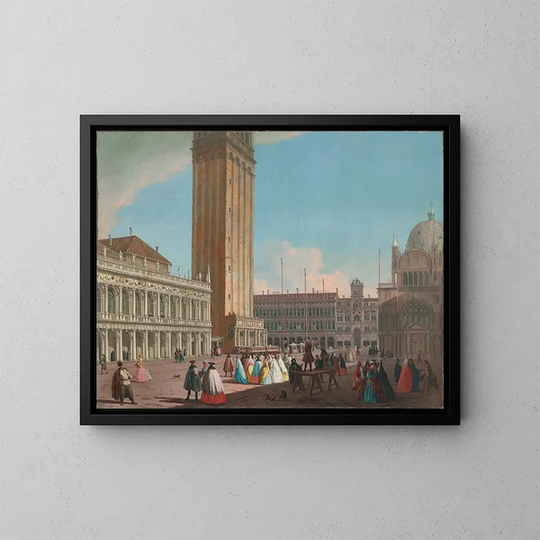 Venice painting, the Piazzetta viewed towards the northwest with the Campanile, the Library, the Procuratie Vecchie, and the Torre dell'Orologio - Johann Richter — framed artwork on a wall