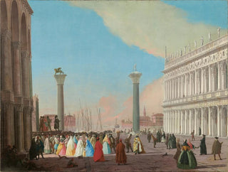 Johann Richter - Venice the Piazzetta looking south from the Basilica di San Marco with the Biblioteca and a crowd gathered to watch a Commedia dellarte performance.webp