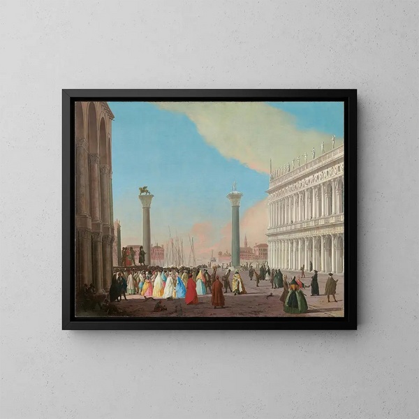 Venice painting, the Piazzetta seen from the south from St. Mark's Basilica with the library and a crowd gathered to watch a Commedia dell'arte performance - Johann Richter — framed artwork on a wall