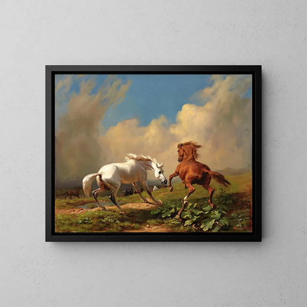 the horses hesitating before an approaching storm - Johann Rudolf Koller — framed artwork on a wall