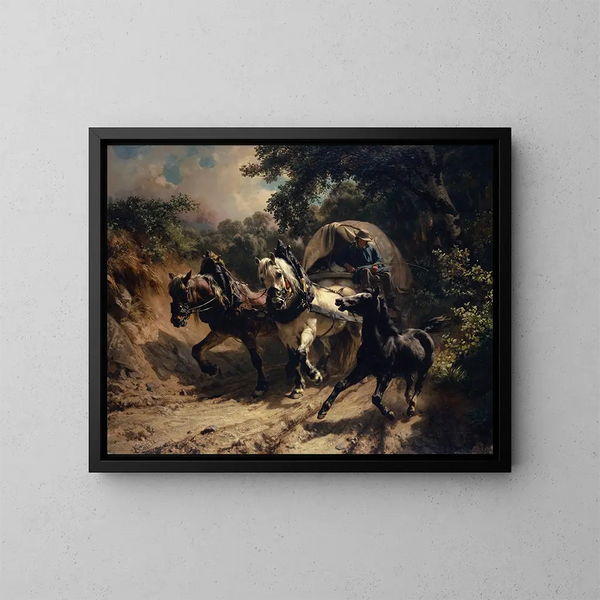 Carrosse de messager dans un chemin creux - Johann Rudolf Koller — framed artwork on a wall