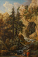 Landschap met bos, rotsgrot, waterval en personages - Johann Samuel Hetzendorf — weergave van het kunstwerk