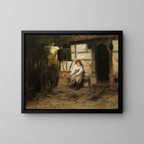 Woman of Farmer Sitting in Front of the House - Johann Sperl — framed artwork on a wall