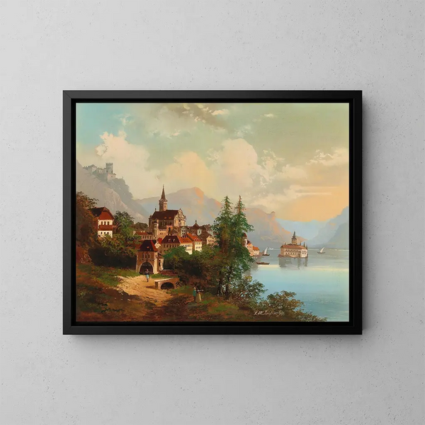 View of a city and a water tower - Johann Wilhelm Jankowski — framed artwork on a wall