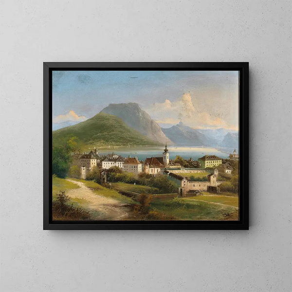 Vue de Gmunden sur le lac Traunsee - Johann Wilhelm Jankowsky — framed artwork on a wall