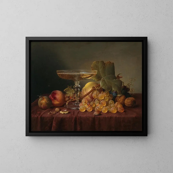 Still life with a glass of champagne and fruits on a damask fabric - Johann Wilhelm Preyer — framed artwork on a wall
