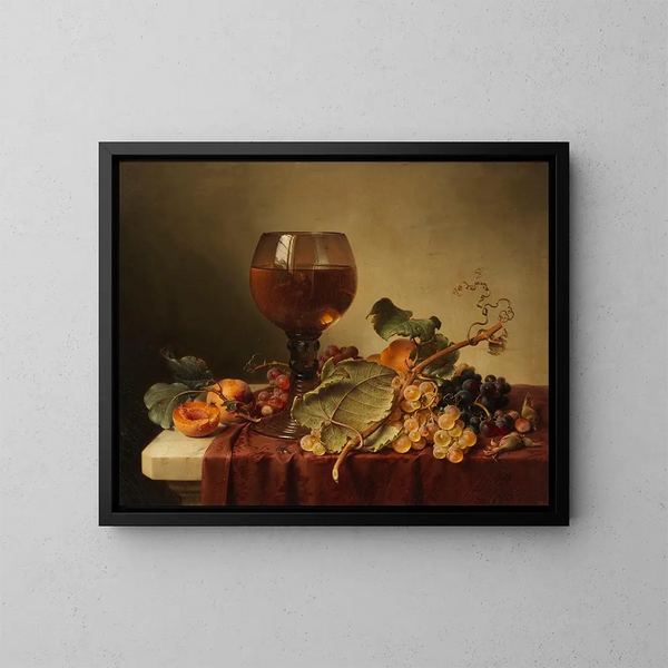 Still life with self-portrait in a wine glass and fruits - Johann Wilhelm Preyer — framed artwork on a wall