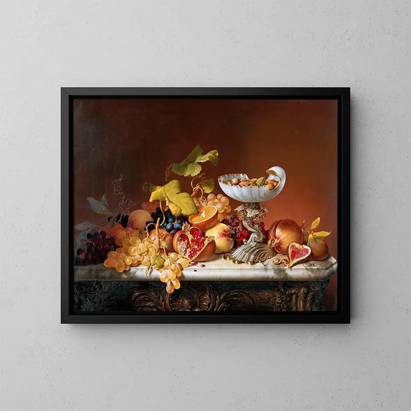 Tropical Fruits in a Milk Glass Shell-Shaped Shell - Johann Wilhelm Preyer — framed artwork on a wall