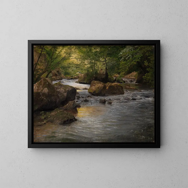 Mountain Stream Painting with Sitting Painter - Johann Wilhelm Schirmer — framed artwork on a wall