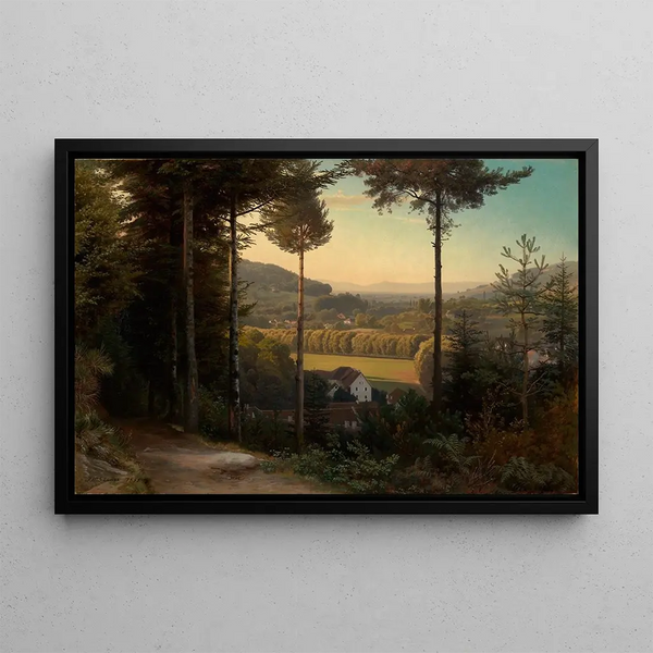 De vallei van de Oos met uitzicht op het Rijn- en de Vogezenvlakte bij avond - Johann Wilhelm Schirmer — ingelijst kunstwerk aan de muur