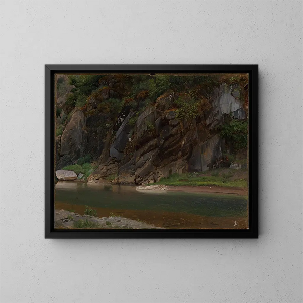 River with Rocky Shore - Johann Wilhelm Schirmer — framed artwork on a wall