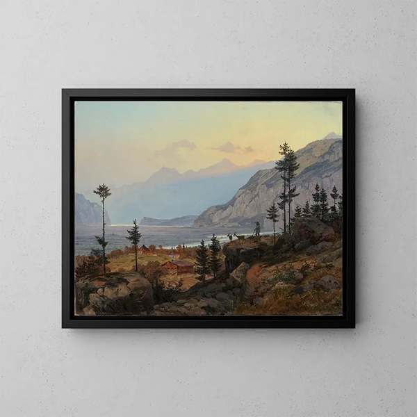 Swiss Alpine Landscape Painting with River and Lake - Johann Wilhelm Schirmer — framed artwork on a wall