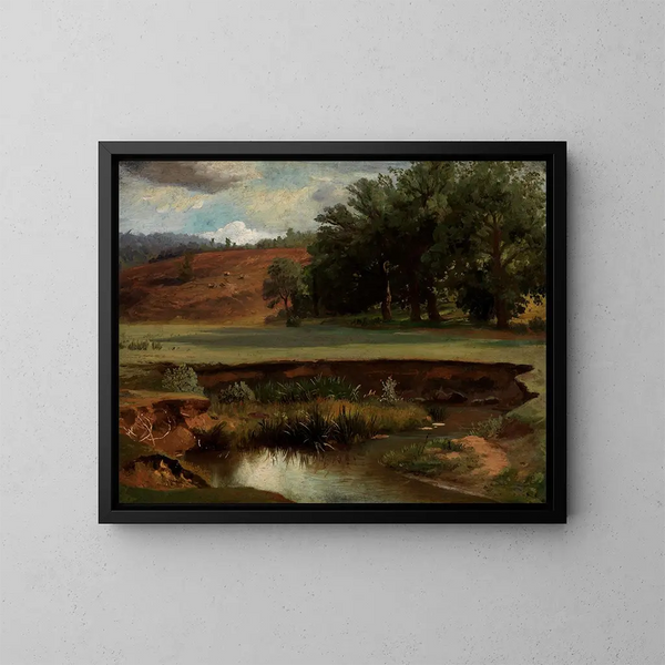 Forest edge with pond in the foreground - Johann Wilhelm Schirmer — framed artwork on a wall