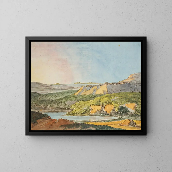 Landscape painting of the south with sea, wooded hills, and a water body in the foreground - Johann Wolfgang von Goethe — framed artwork on a wall