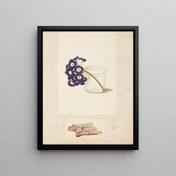 Study of a flower in a glass with water and white asparagus - Johanna Fosie — framed artwork on a wall
