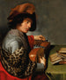 van een man met een verenhoed en een bontsjaal die een luit vasthoudt voor een tafel met boeken - Johannes Baeck — weergave van het kunstwerk