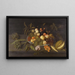 Natuurschilderij met appels, peren, druiven en ander fruit in een Chinese porseleinen kom op een rand naast een meloen - Johannes Bosschaert — ingelijst kunstwerk aan de muur