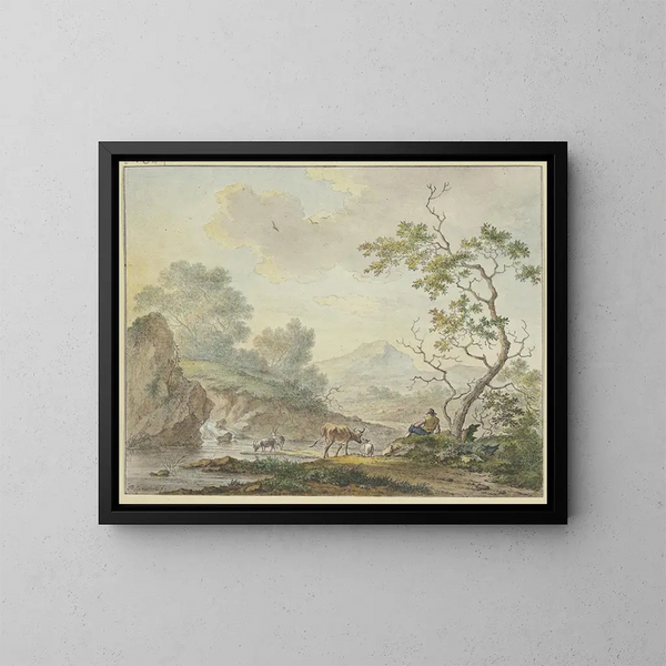 a Shepherd with a Cow and Goats near a Waterfall - Johannes Christiaan Janson — framed artwork on a wall