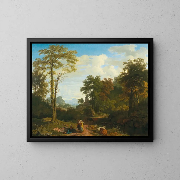 A southern landscape with travelers in front of a fortified city - Johannes Glauber — framed artwork on a wall