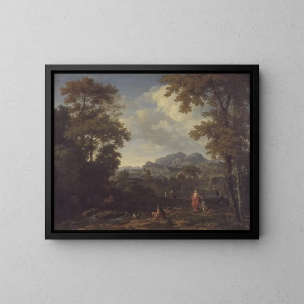 Classic landscape with Diana and her nymphs - Johannes Glauber — framed artwork on a wall