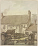 Rangée de maisons sur l'eau, deux barges avec un pêcheur devant - Johannes Hendrik Knoop — weergave van het kunstwerk