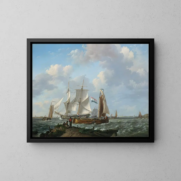 Bateaux dans une tempête avec des figures sur la rive - Johannes Hermanus Koekkoek — framed artwork on a wall