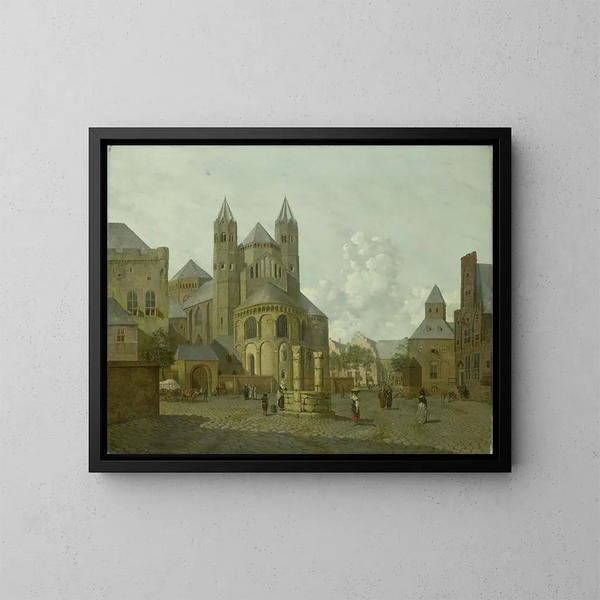 Urban imaginary landscape painting with Romanesque church - Johannes Huibert Prins — framed artwork on a wall
