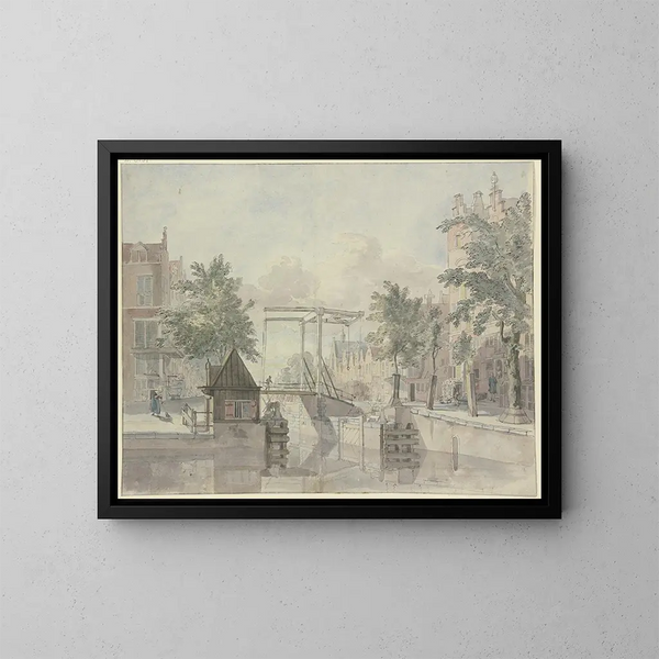 Canal with lock gate on the left, a peasant woman sweeping the street - Johannes Huibert Prins — framed artwork on a wall