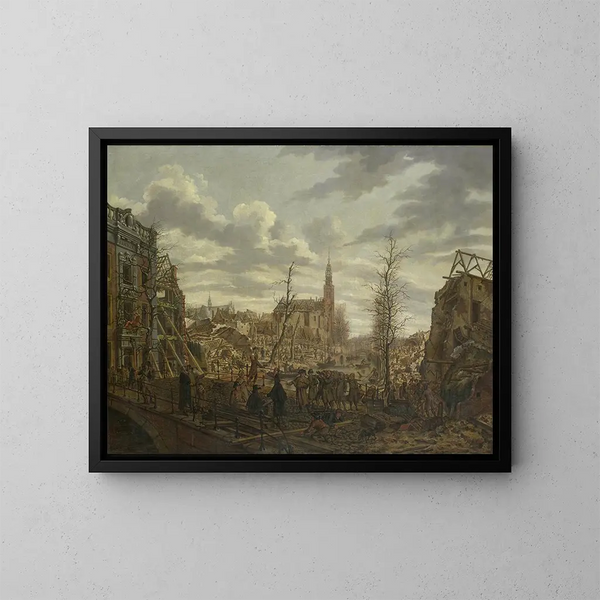 The Rapenburg in Leiden three days after the explosion of a gunpowder boat on January 12, 1807 - Johannes Jelgerhuis — framed artwork on a wall