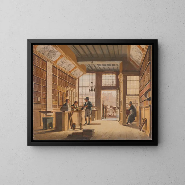 The bookseller's shop Pieter Meijer Warnars on the Vijgendam in Amsterdam - Johannes Jelgerhuis — framed artwork on a wall