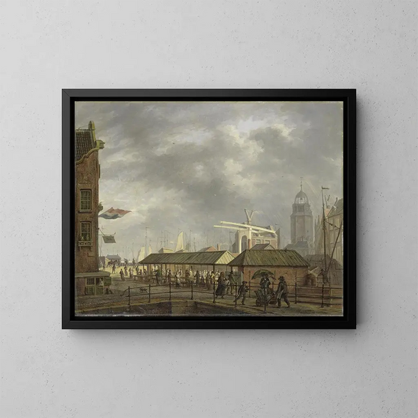 The Little Fish Market at the corner of Brouwersgracht and Singel in Amsterdam - Johannes Jelgerhuis — framed artwork on a wall