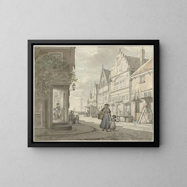 Woman and Child Walking in a Fishing Village - Johannes Jelgerhuis — framed artwork on a wall