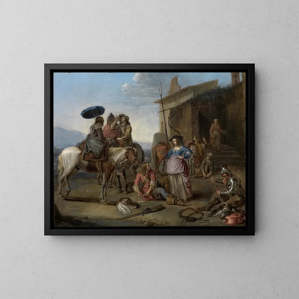 travelers stopping in front of an osteria - Johannes Lingelbach — framed artwork on a wall