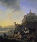 Rivière met zwemmende zigeuners bij een Italiaanse stad - Johannes Lingelbach — weergave van het kunstwerk