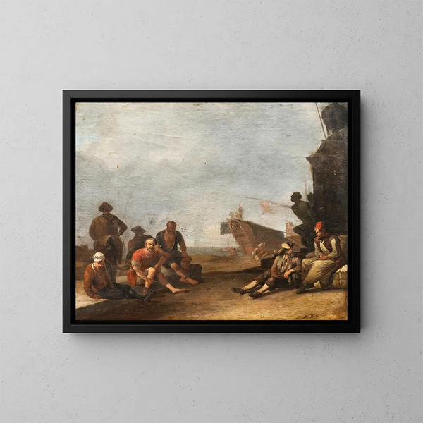 View of a southern port with merchants and prisoners, a ship, and the statue of Ferdinand I of Medici in Livorno - Johannes Lingelbach — framed artwork on a wall