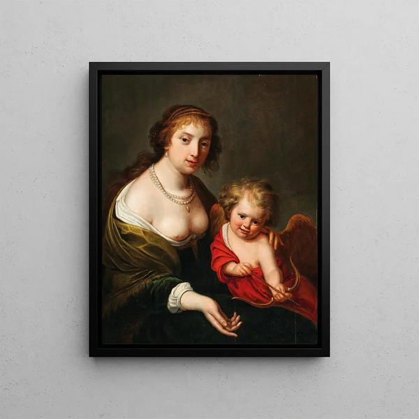 a mother and her child as Venus and Cupid - Johannes Paulus Moreelse — framed artwork on a wall