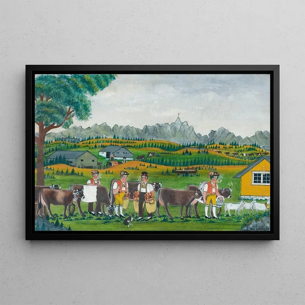 Aankomst bij de alm - Johannes Rechsteiner — ingelijst kunstwerk aan de muur