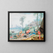 Een groep exotische vogels in een landschap onder palmbomen, een gebouw en bergen op de achtergrond - Johannes van Bronckhorst — ingelijst kunstwerk aan de muur