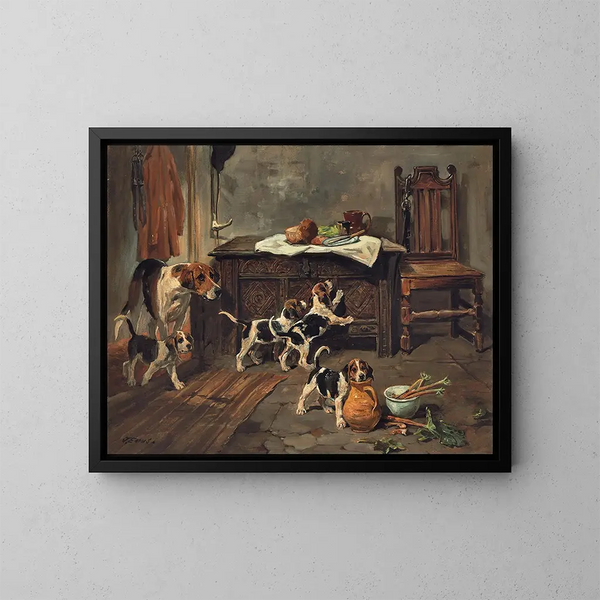 van honden en puppy's in een interieur - John Emms — ingelijst kunstwerk aan de muur